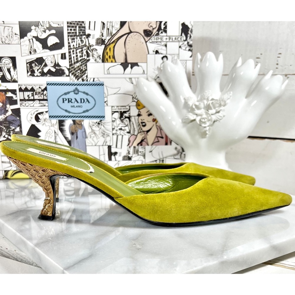 |SOLD| Prada Avocado Suede Leather Mules with Decorative Heel - Picture 3 of 8